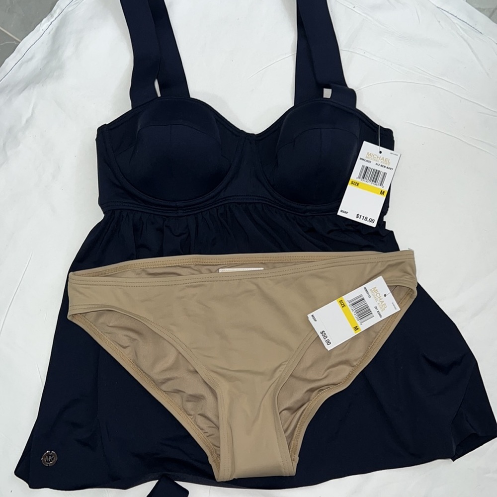 MICHAEL Michael Kors Women's Set Baby Doll Tankini Top Navy Blue+ Bikini Bottom - Picture 11 of 12